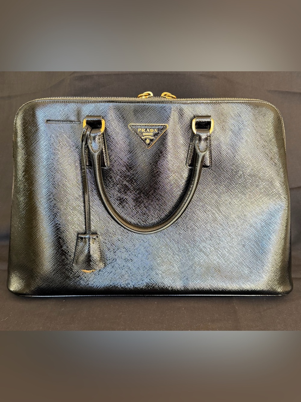 Authentic! Prada Black Saffiano Lux Patent Tote Bag